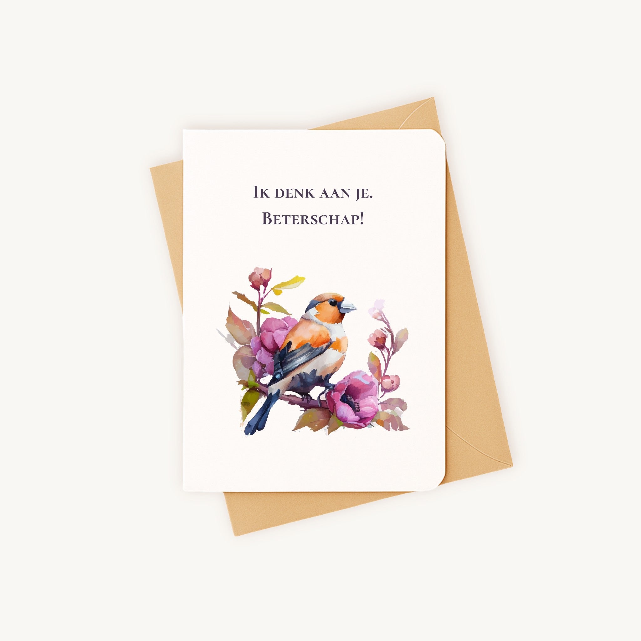 Beterschapskaart vogel bloemen liggend met bijpassende kraft envelop