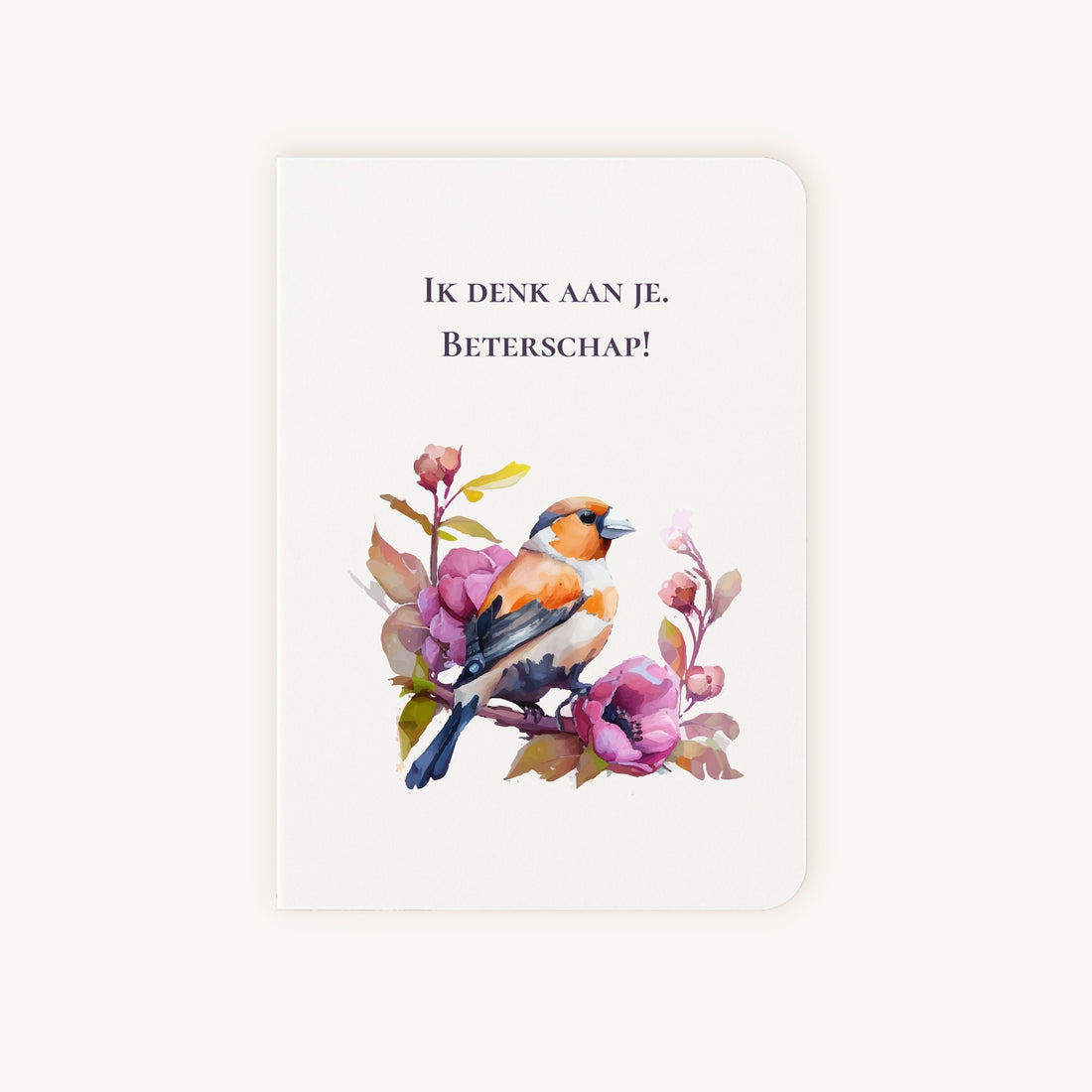 Beterschapskaart voorkant met aquarel vogel en bloemen motief