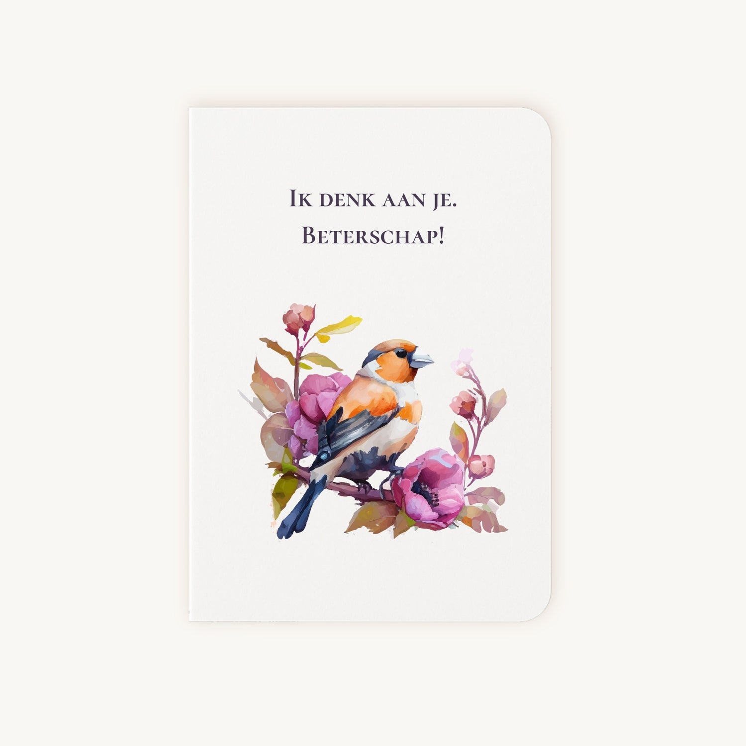 Beterschapskaart voorkant met aquarel vogel en bloemen motief
