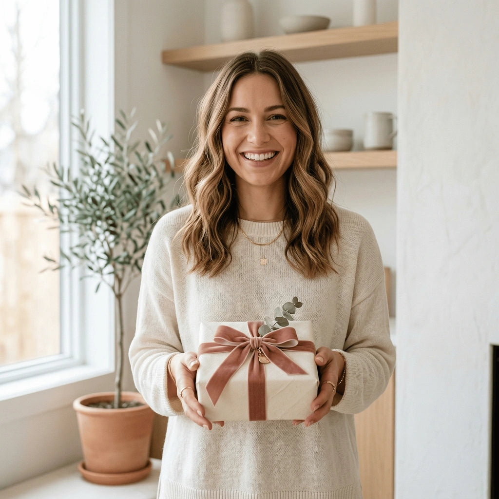 Vrouw die een stijlvol ingepakt cadeau vasthoudt, symbool voor betekenisvol geven.