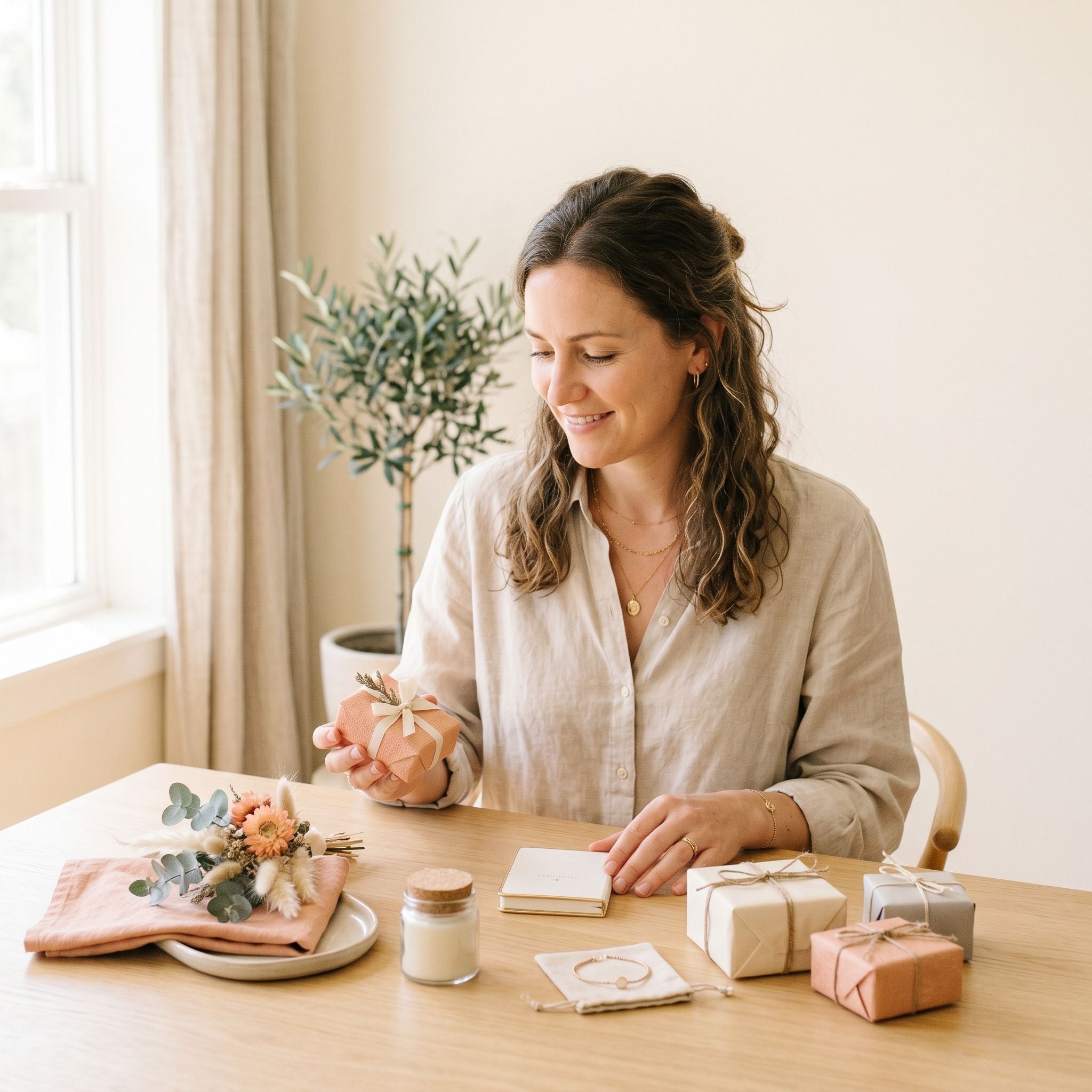 Vrouw kiest aandachtig een passend cadeau in een lichte rustige ruimte.