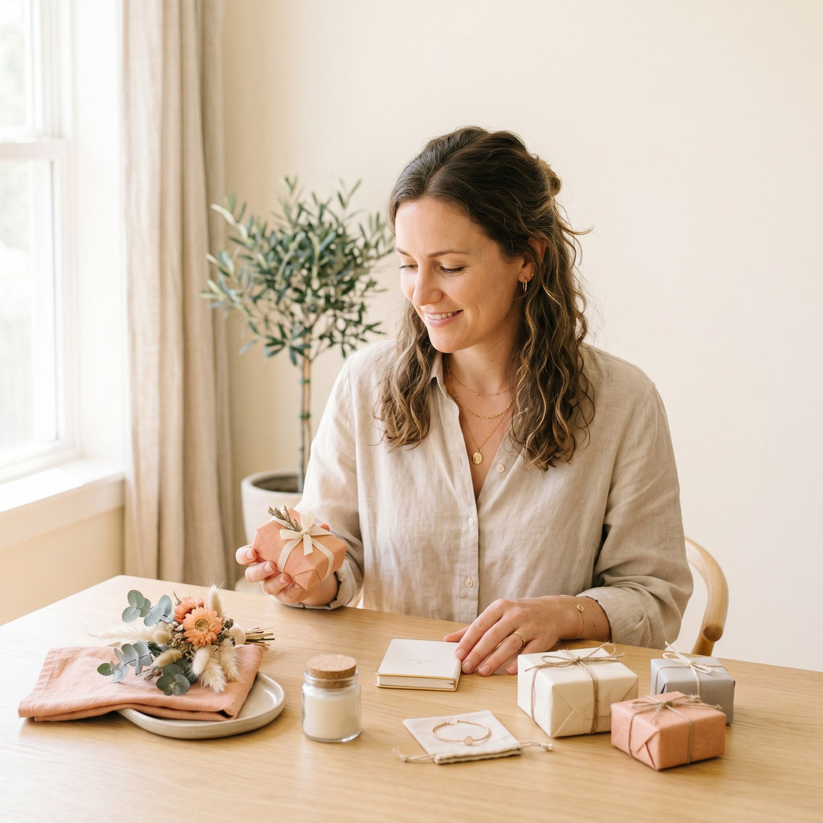 Vrouw kiest aandachtig een passend cadeau in een lichte rustige ruimte.