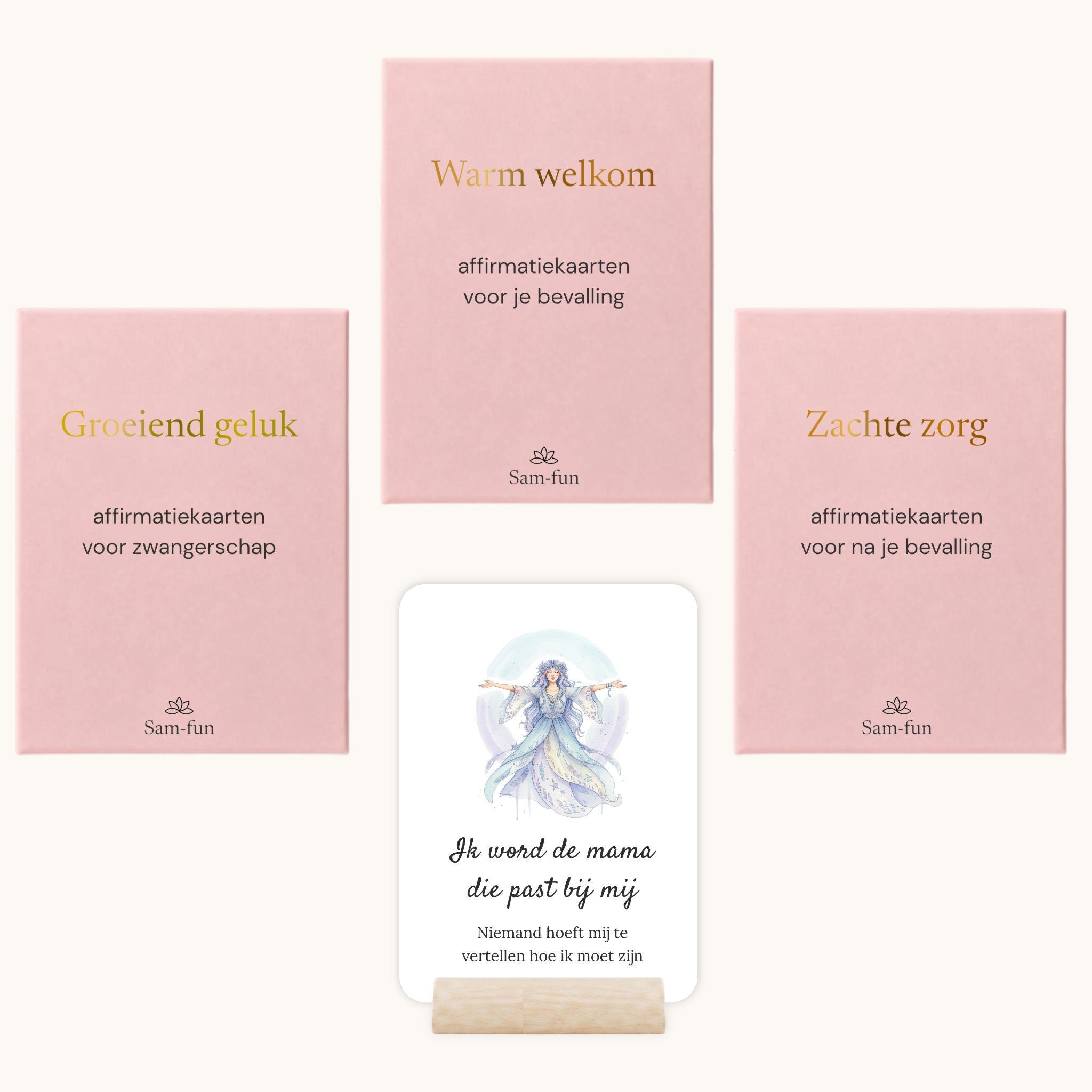 Cadeauset met affirmatiekaarten voor zwangerschap, bevalling en kraamtijd met subtekst in boho aquarel