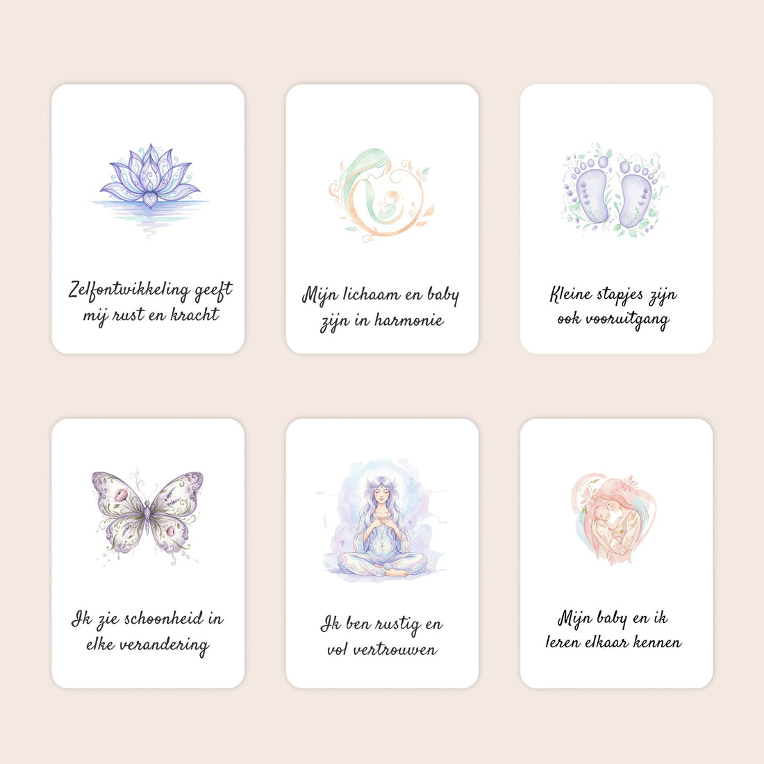 Zes voorbeelden van A7-affirmatiekaarten uit de cadeauset Liefdevolle reis in aquarel