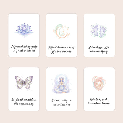 Zes voorbeelden van A7-affirmatiekaarten uit de cadeauset Liefdevolle reis in aquarel