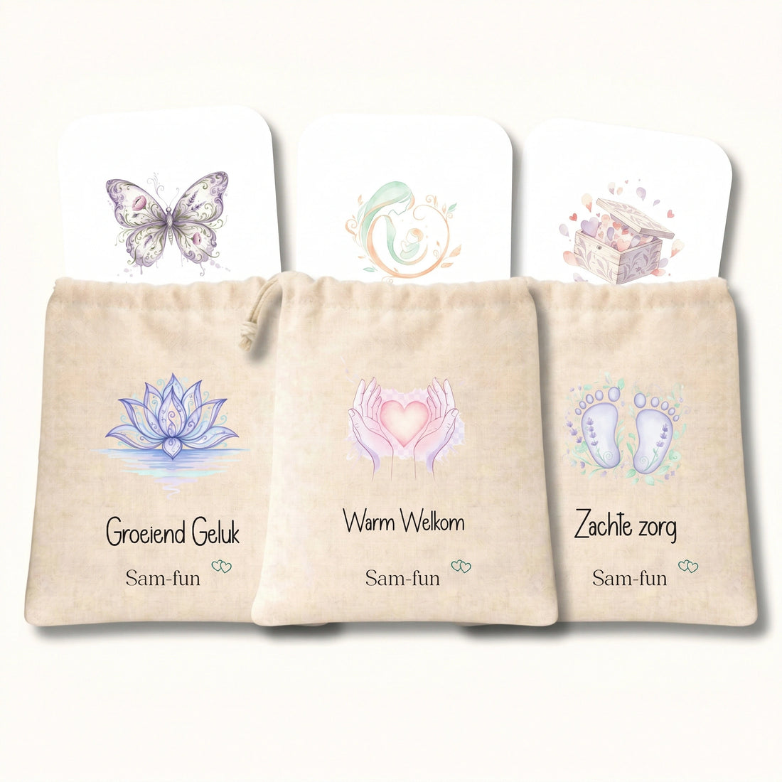 Cadeauset Liefdevolle reis van zwangerschap tot kraamtijd in aquarel stijl, set in canvas zakjes