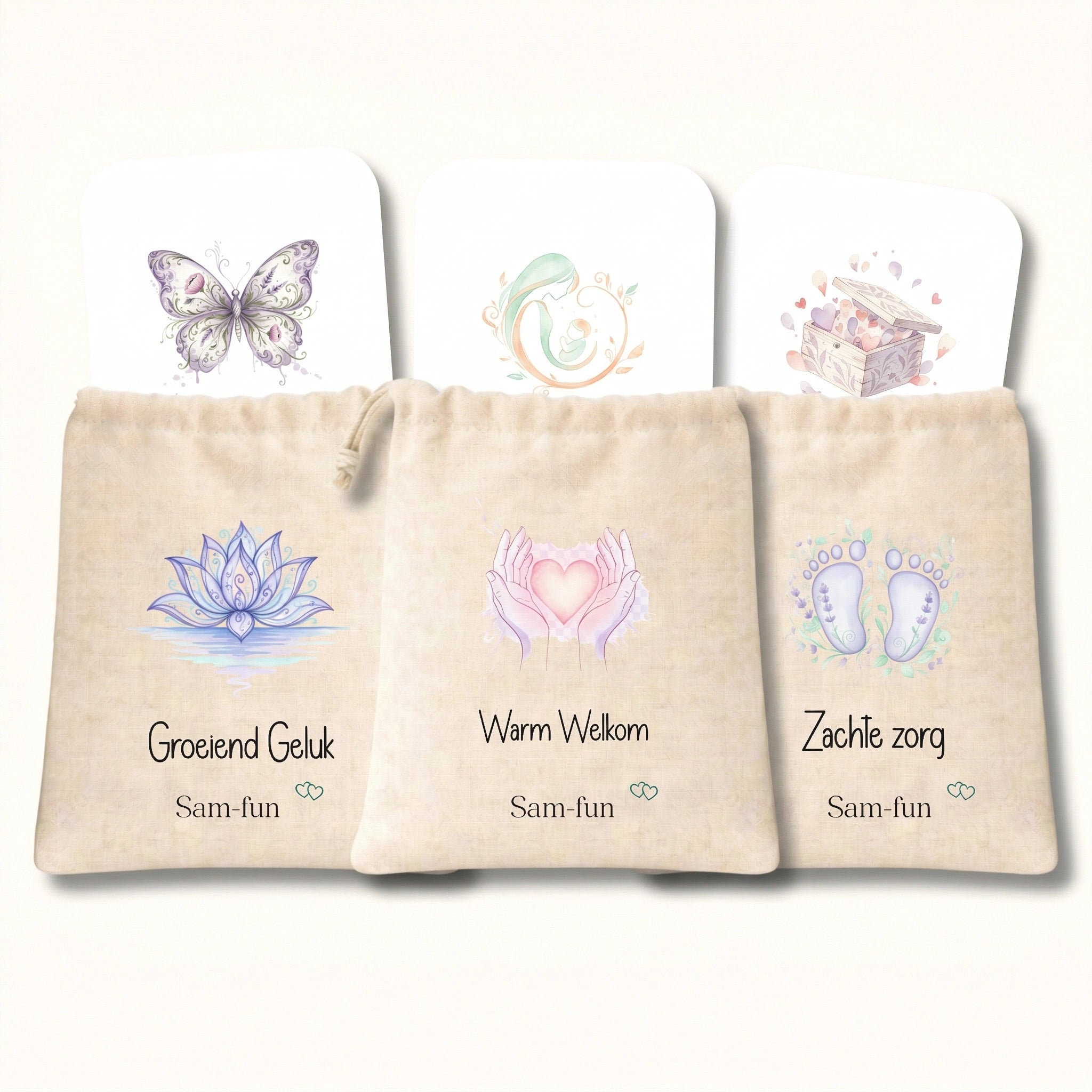 Cadeauset Liefdevolle reis van zwangerschap tot kraamtijd in aquarel stijl, set in canvas zakjes