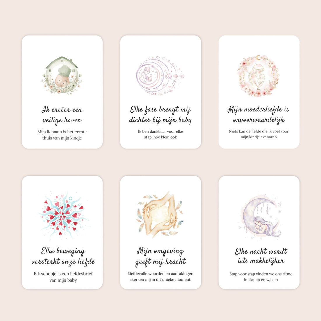 Zes voorbeelden van A7-affirmatiekaarten met subtekst uit de cadeauset Liefdevolle reis in aquarel