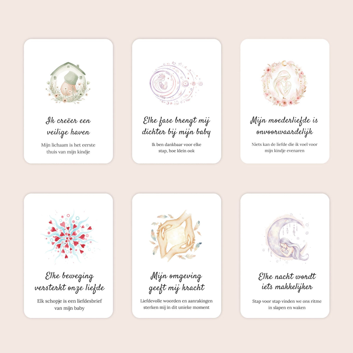 Zes voorbeelden van A7-affirmatiekaarten met subtekst uit de cadeauset Liefdevolle reis in aquarel