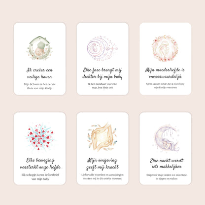 Zes voorbeelden van A7-affirmatiekaarten met subtekst uit de cadeauset Liefdevolle reis in aquarel