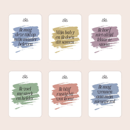 Zes voorbeelden van A7-affirmatiekaarten uit de cadeauset Liefdevolle reis in minimalistische stijl