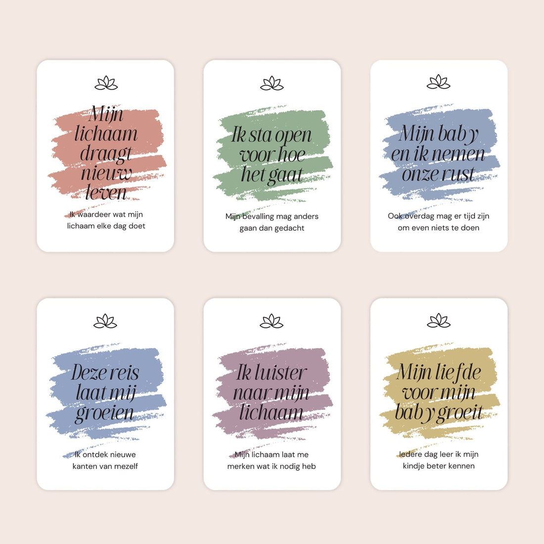 "Zes voorbeelden van A7-affirmatiekaarten met subtekst uit de cadeauset Liefdevolle reis in minimalistische stijl"