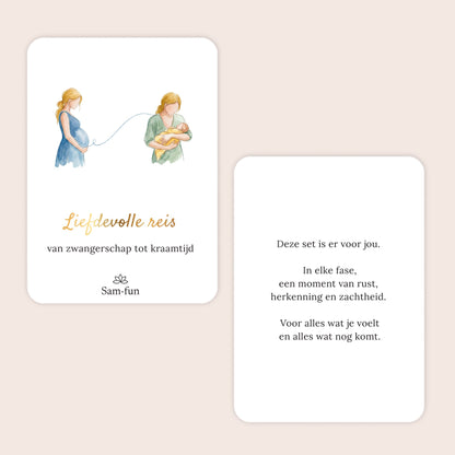 Voor- en achterkant van de titelkaart van cadeauset Liefdevolle reis in minimalistische stijl met subtekst