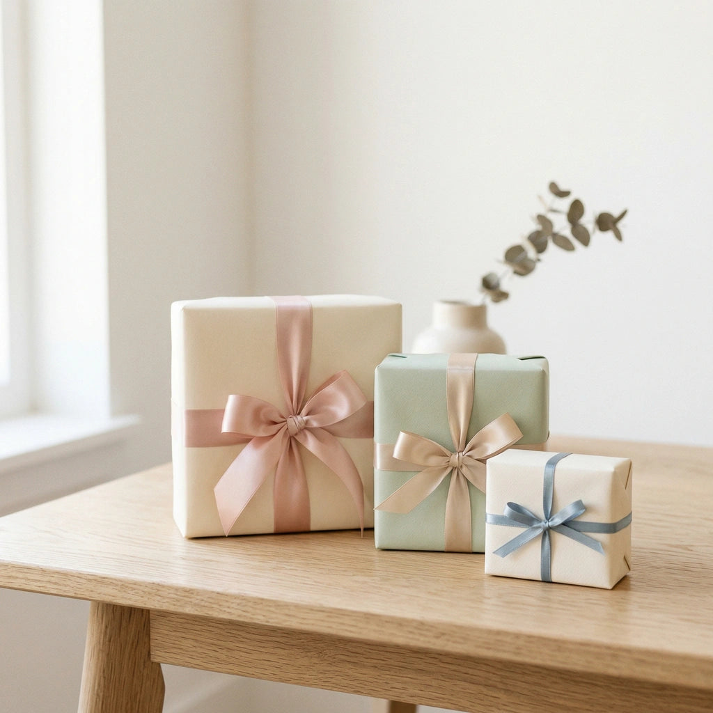 Collectie handgemaakte cadeausets van Sam-fun met stijlvol ingepakte geschenken in een warme en minimalistische sfeer.