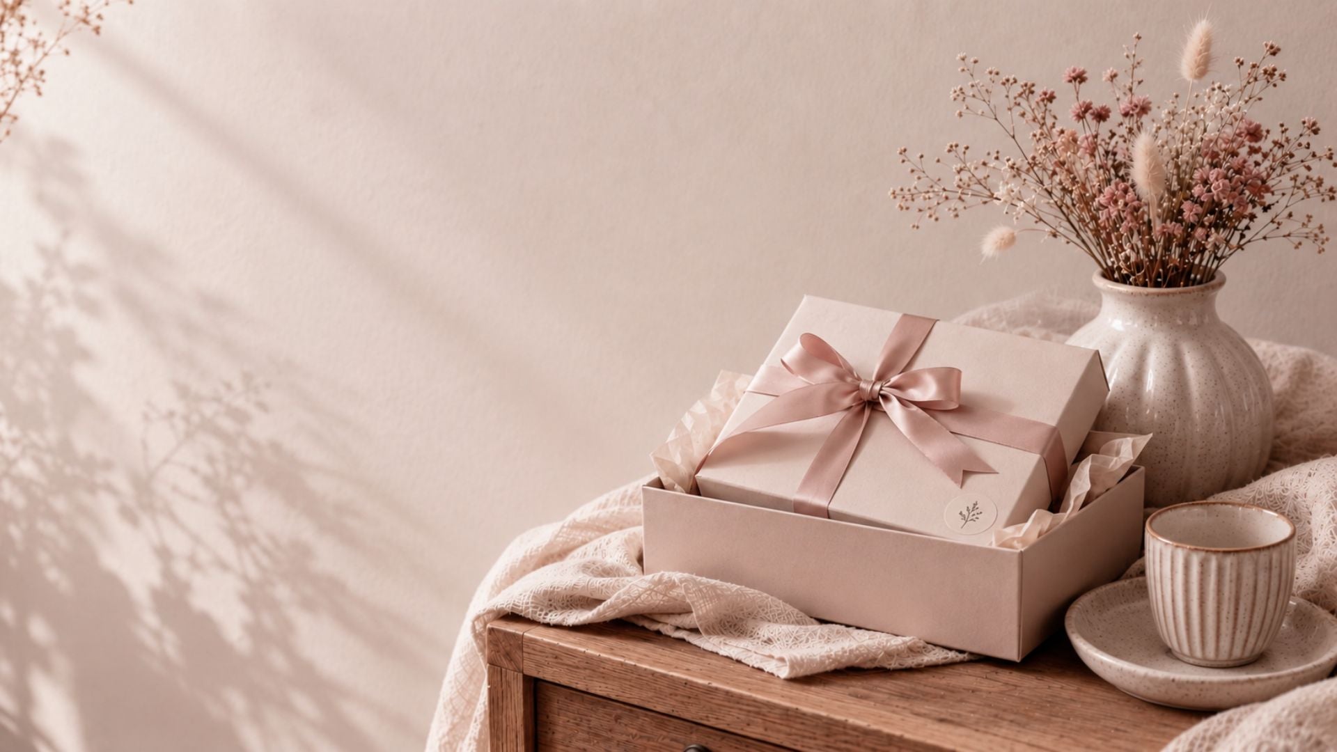 Rustige cadeausetsfeer met luxe geschenkdoos, blush strik, keramiek en zachte bloemen in warme neutrale tinten.