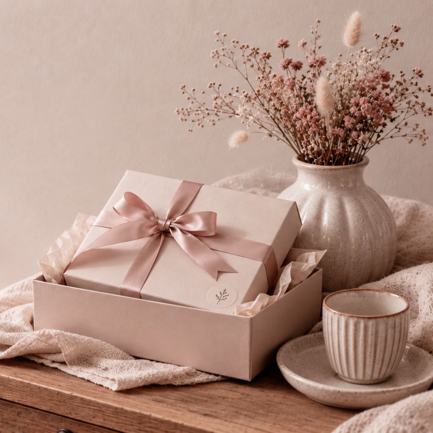 Rustige cadeausetsfeer met luxe geschenkdoos, blush strik, keramiek en zachte bloemen in warme neutrale tinten.