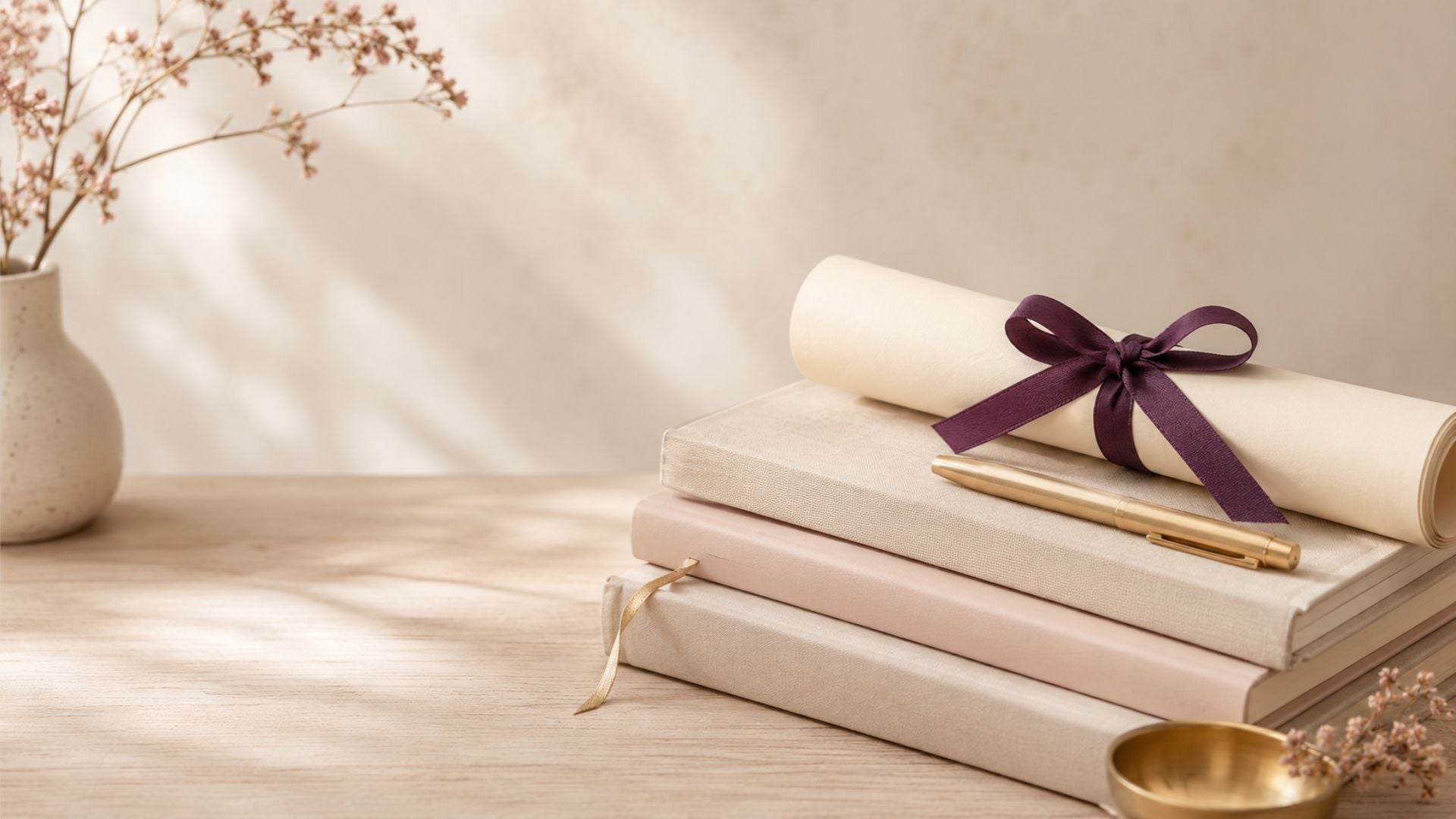 Warme geslaagd sfeer met diploma, boeken en gouden pen in zachte neutrale tinten.