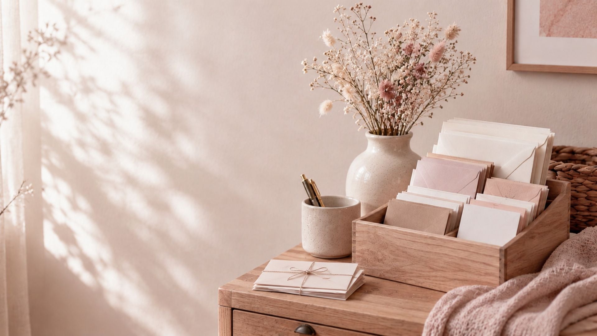 Rustige kaartensetsfeer met houten kaartenbakje, enveloppen, gebundelde kaartjes en zachte bloemen in warme neutrale tinten.