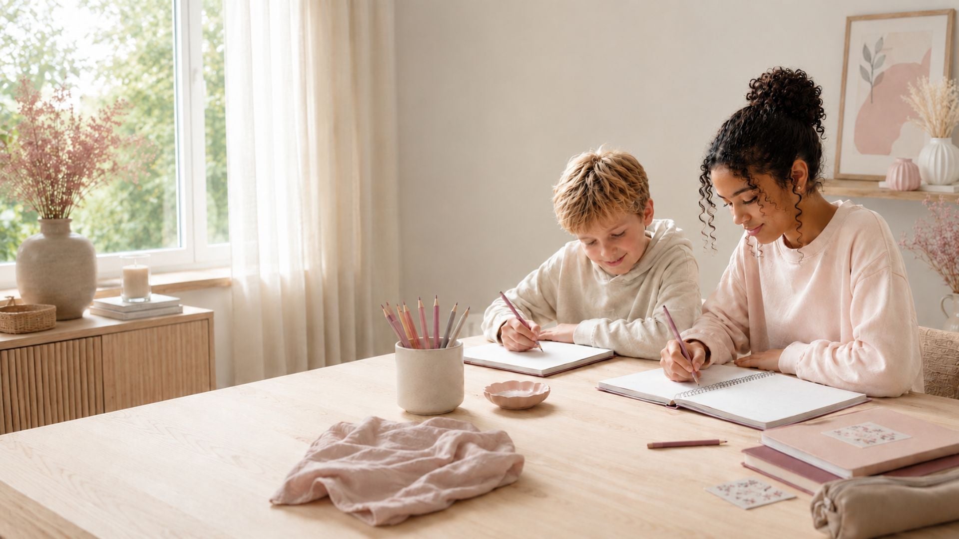 Rustige creatieve sfeer met kinderen aan tafel, notitieboeken en zachte warme tinten.