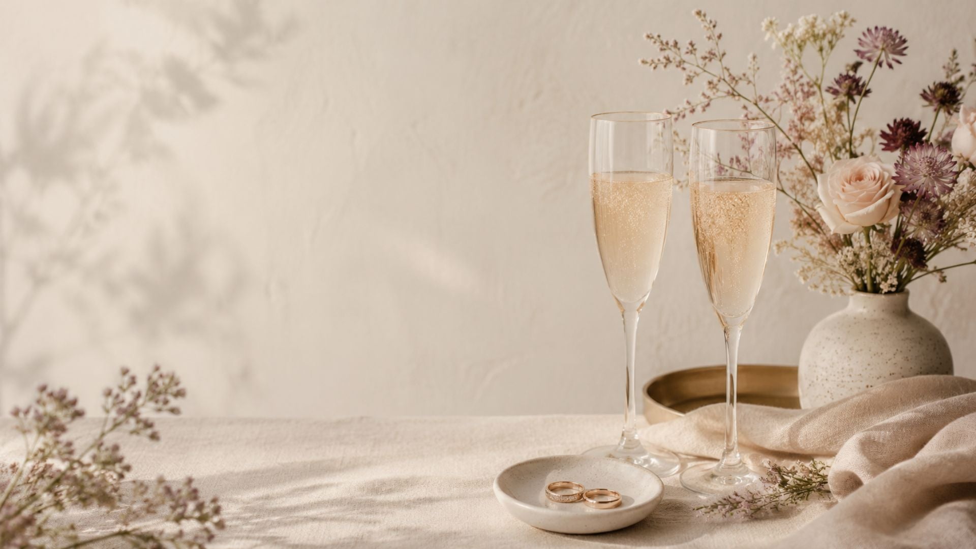 Romantische trouwsfeer met twee champagneglazen, trouwringen en zachte bloemen in warme neutrale tinten.