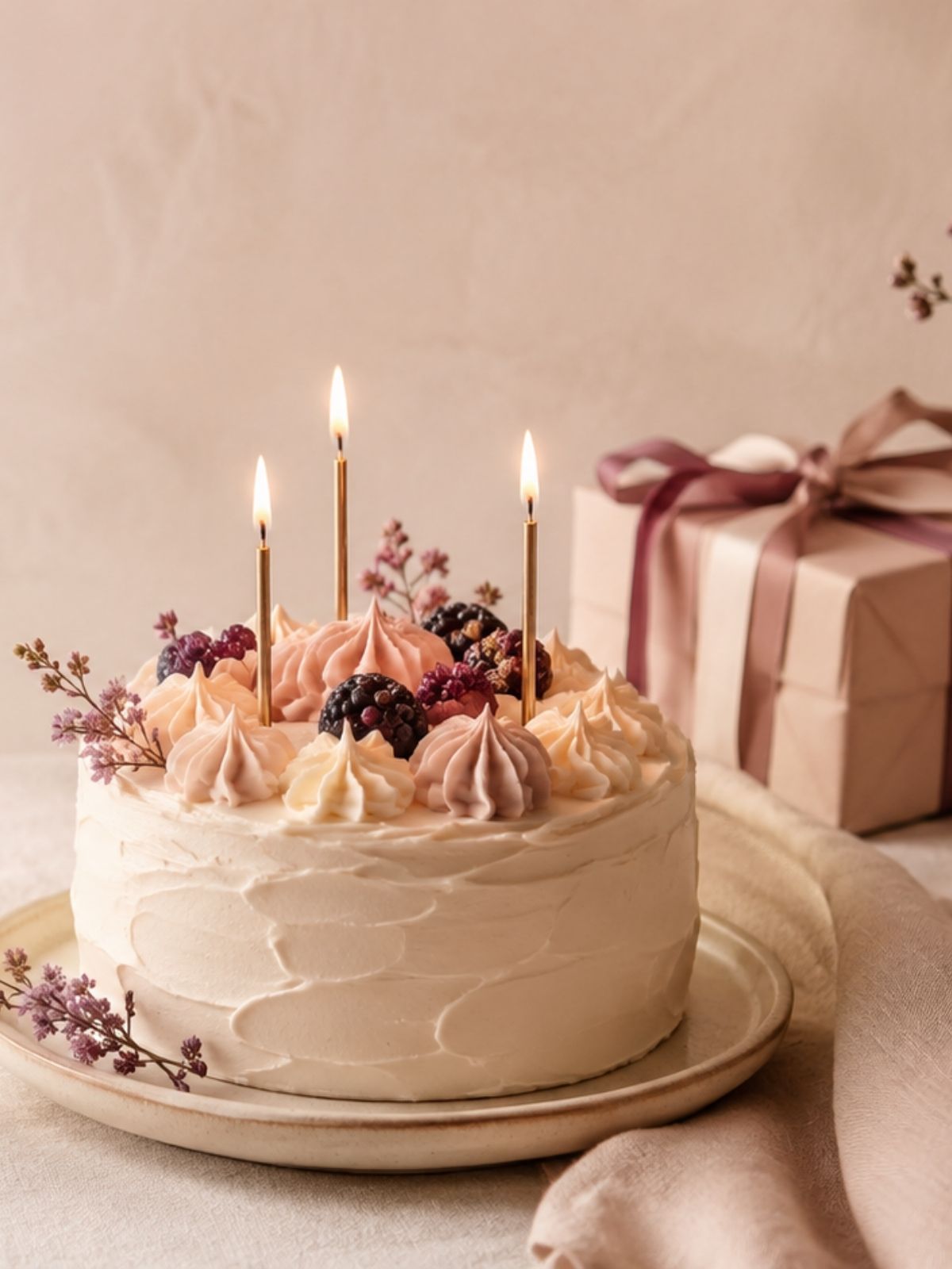 Sfeervolle verjaardagssfeer met taart, kaarsjes en cadeau in zachte warme tinten.