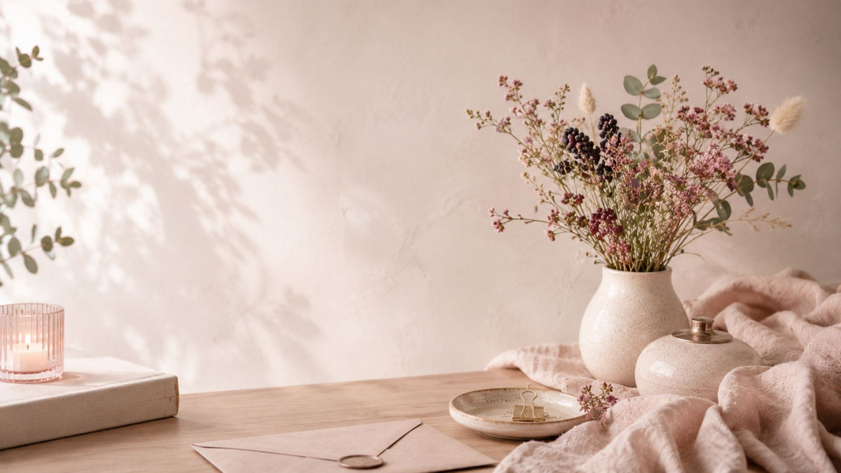 Rustige wenskaartensfeer met envelop, keramiek, bloemen en zachte braambes accenten.