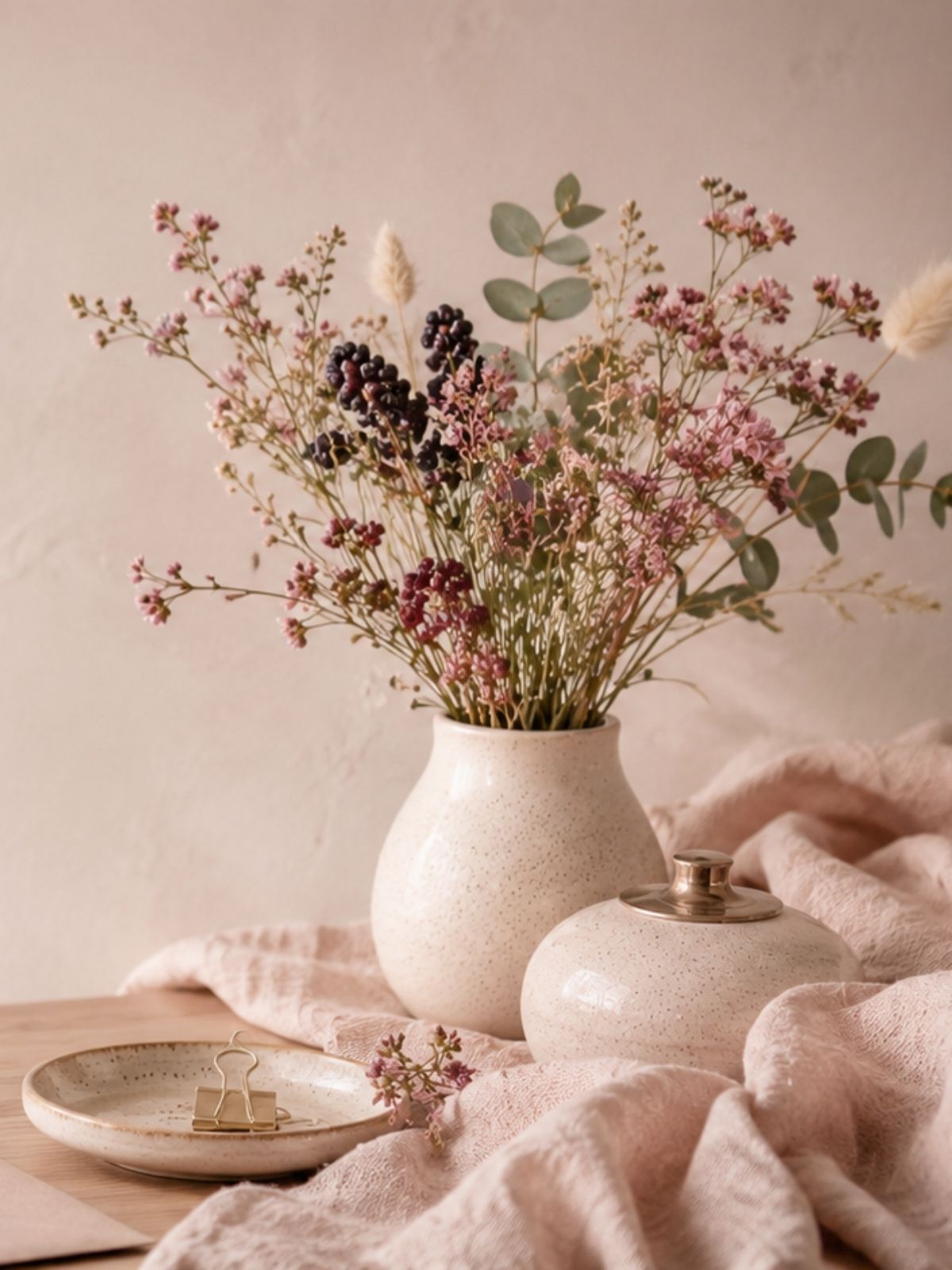 Rustige wenskaartensfeer met envelop, keramiek, bloemen en zachte braambes accenten.