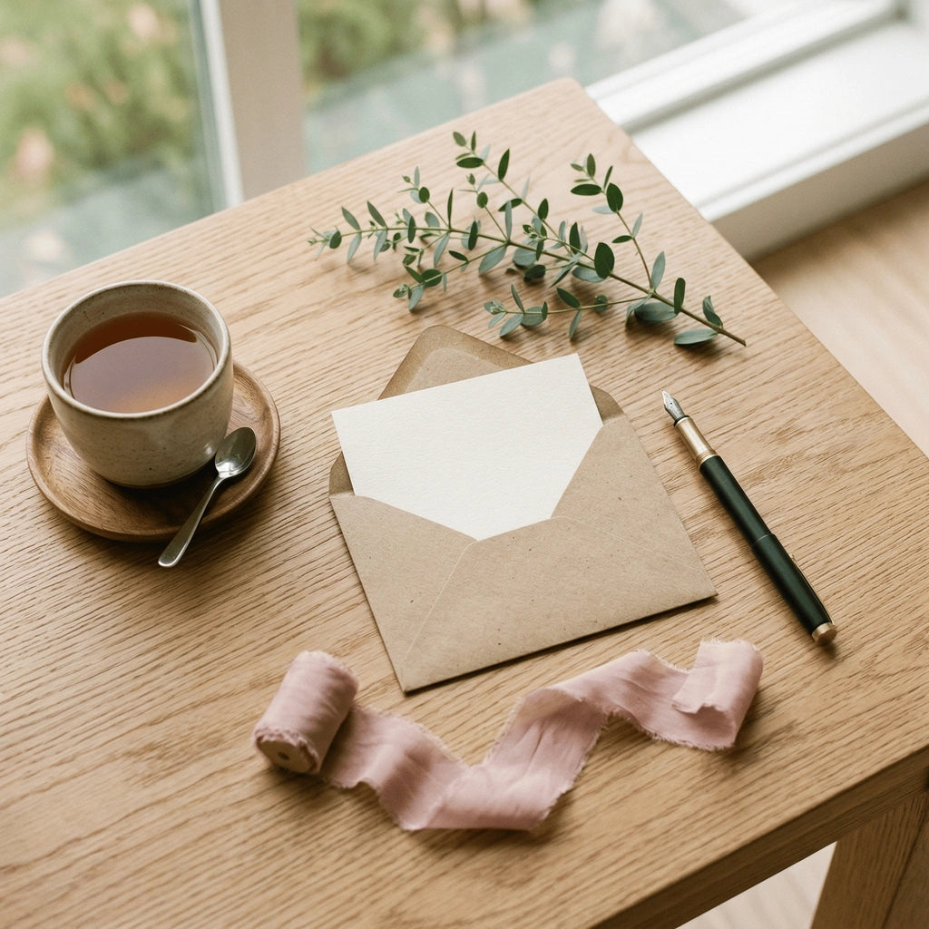 Kraft envelop met een blanco wenskaart, pen en subtiele accessoires op een stijlvolle tafel, symbool voor een complete gids over wenskaarten.
