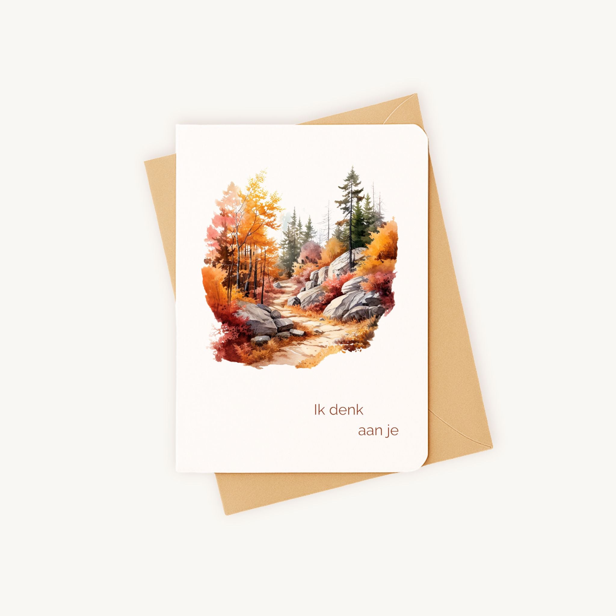 Condoleancekaart aquarel half geopend met kraft envelop bergen wandelaars