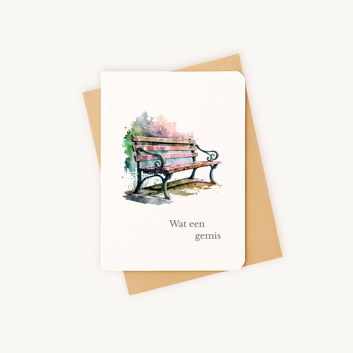 Condoleancekaart aquarel liggend naast kraft envelop complete set