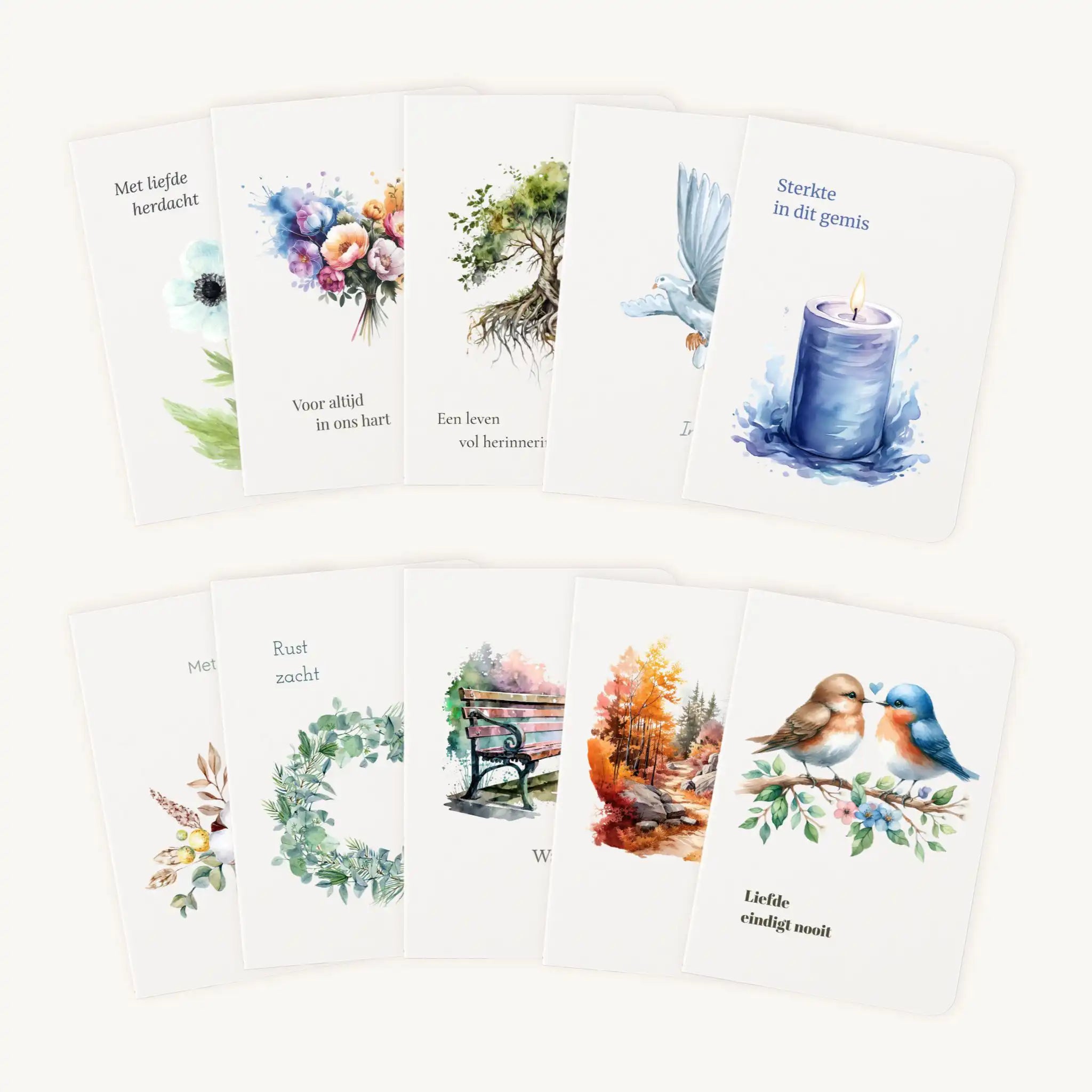 Aquarel kaartenset met 10 handgeschilderde wenskaarten woorden van troost
