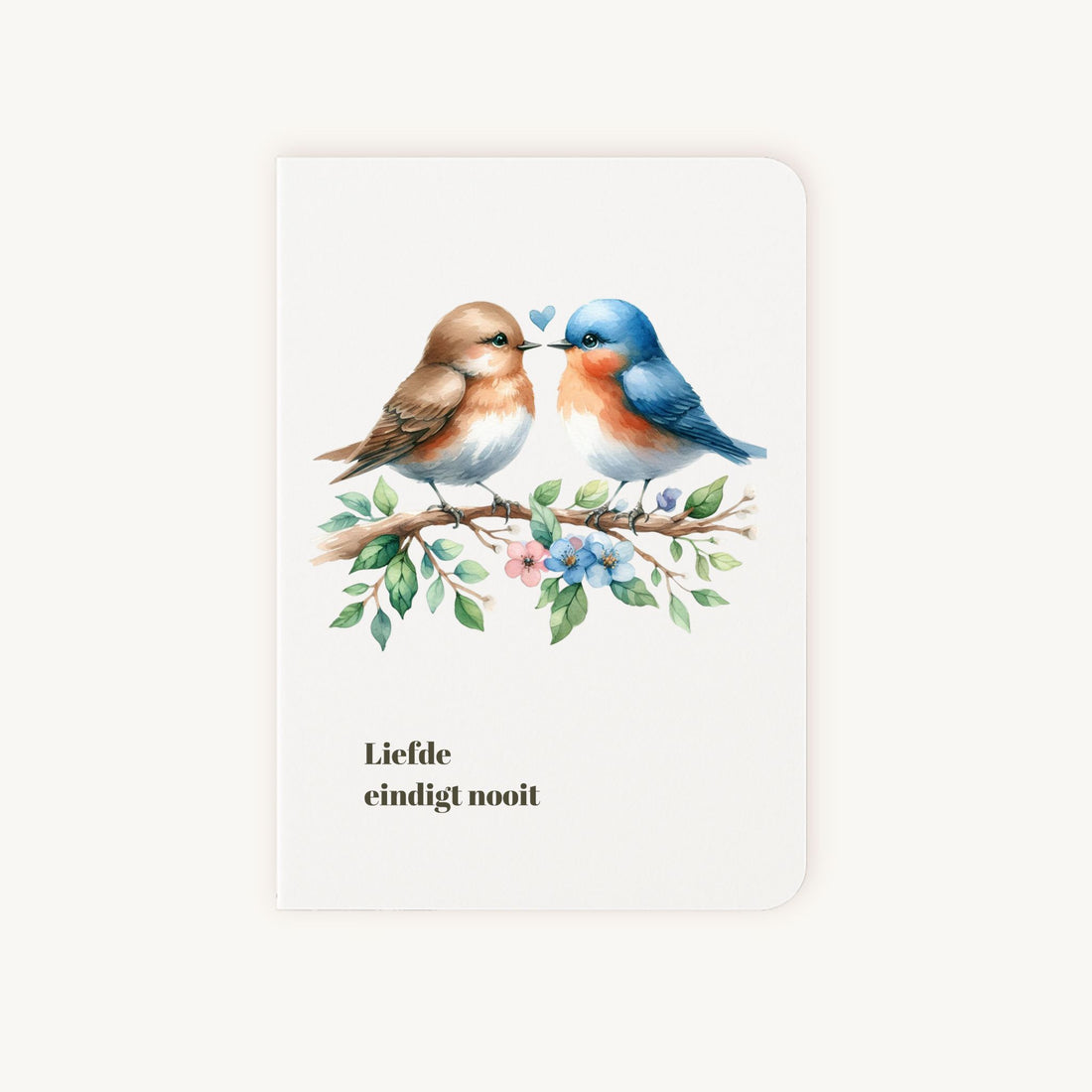 Condoleancekaart aquarel voorkant met twee vogeltjes op tak en tekst liefde eindigt nooit