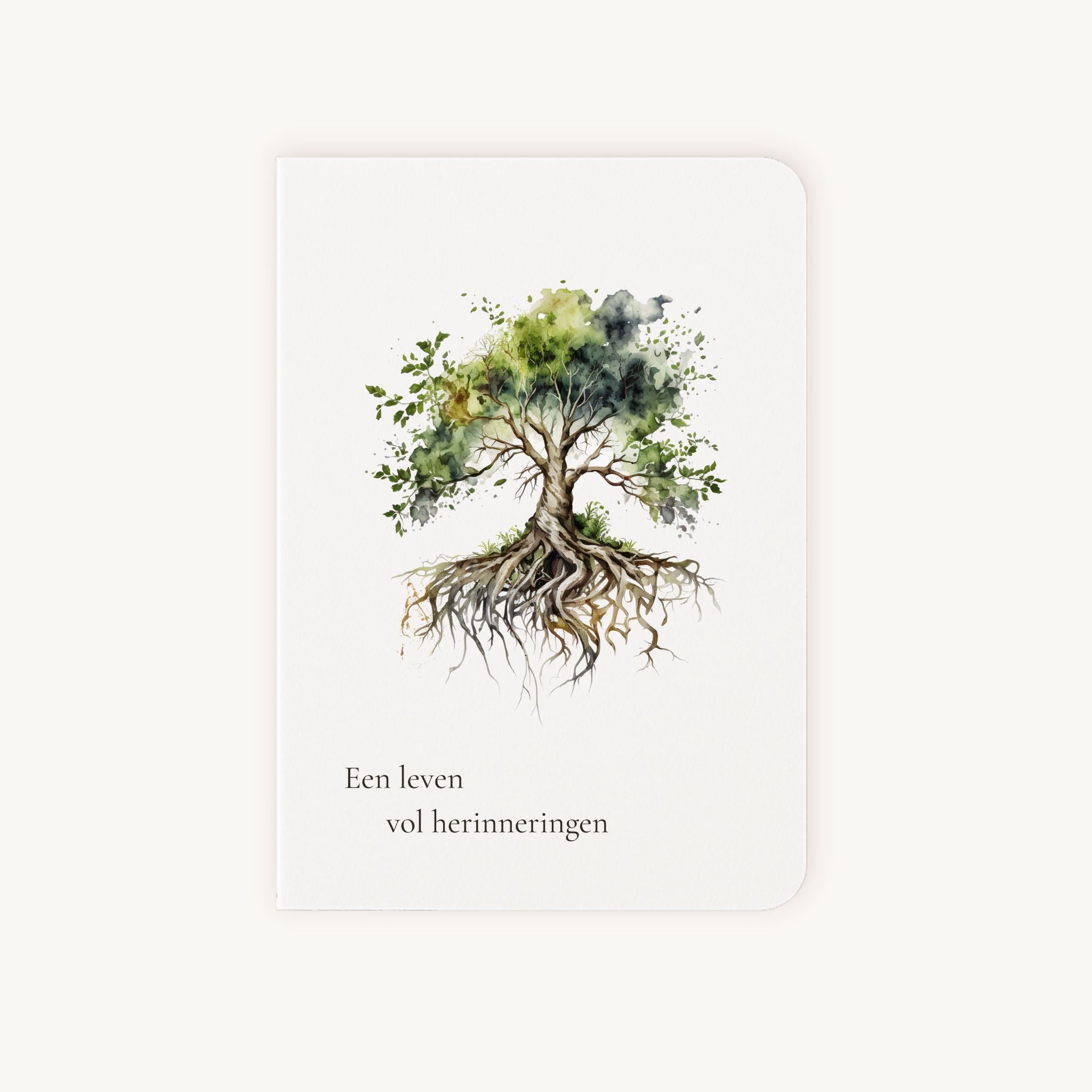 Condoleancekaart boom voorkant met aquarel wortels en tekst Een leven vol herinneringen