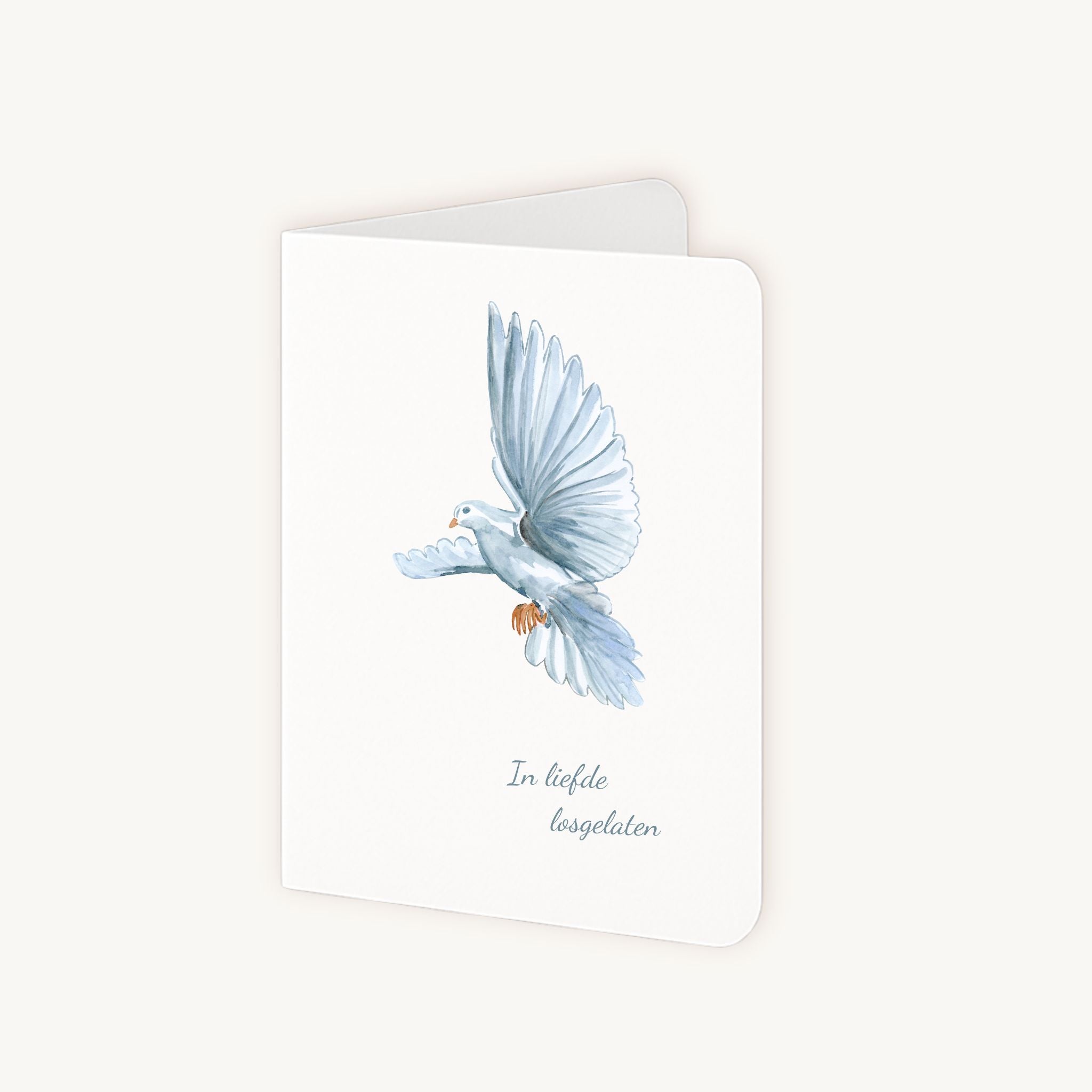 Condoleancekaart duif half geopend toont A6 formaat en binnenkant