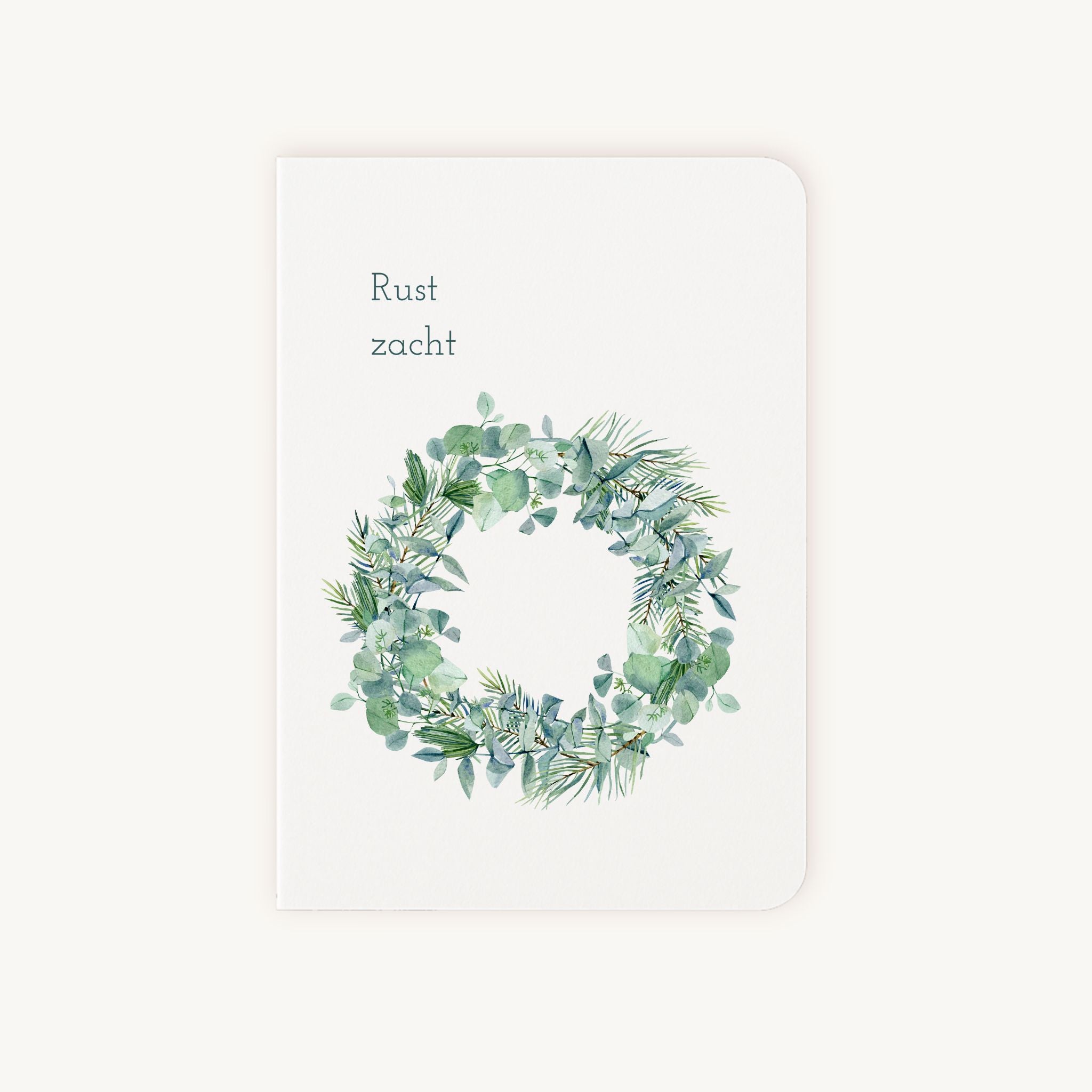 Condoleancekaart krans met aquarel eucalyptus en tekst rust zacht op crème papier