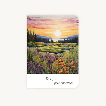 Condoleancekaart met aquarel landschap en opkomende zon voorkant