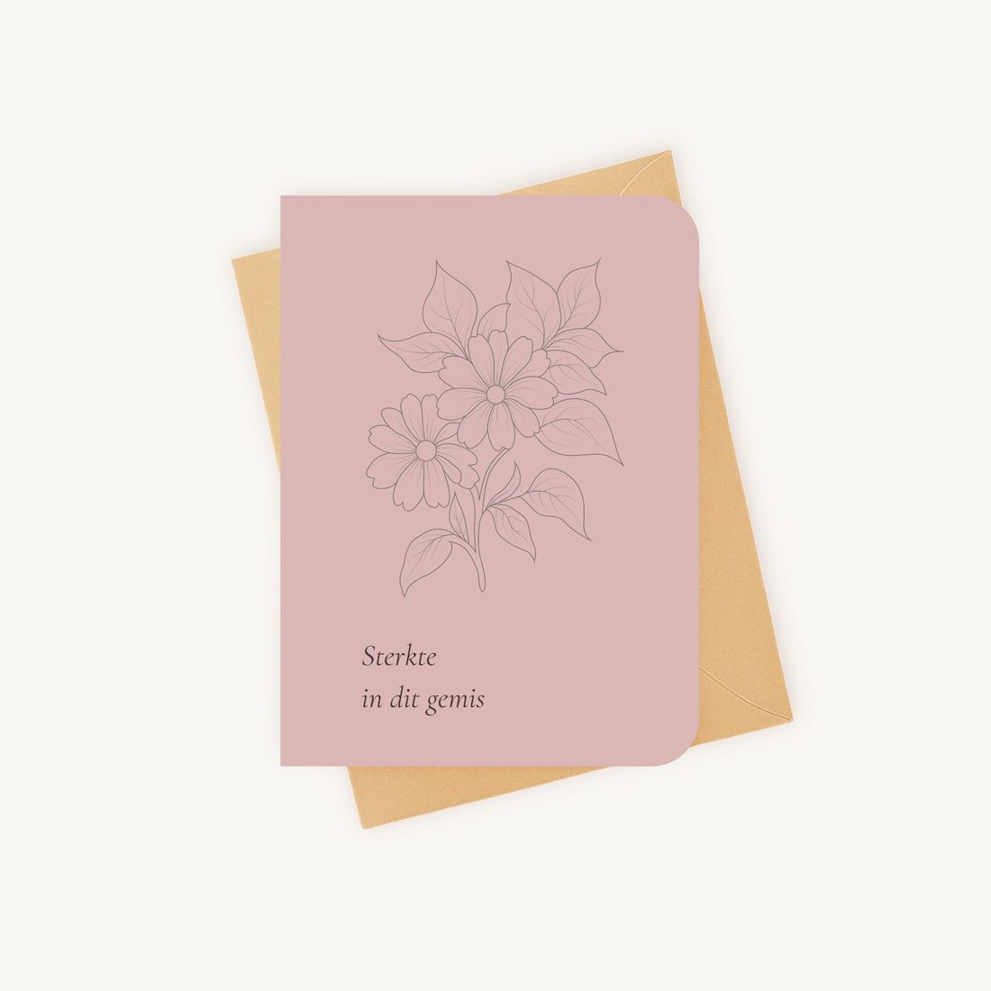 Condoleancekaart line art bloemen liggend op kraftenvelop