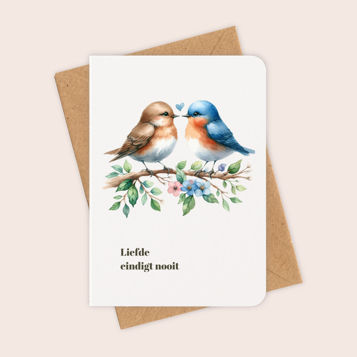 Condoleancekaart ‘Liefde eindigt nooit’ met vogeltjes en kraftenvelop