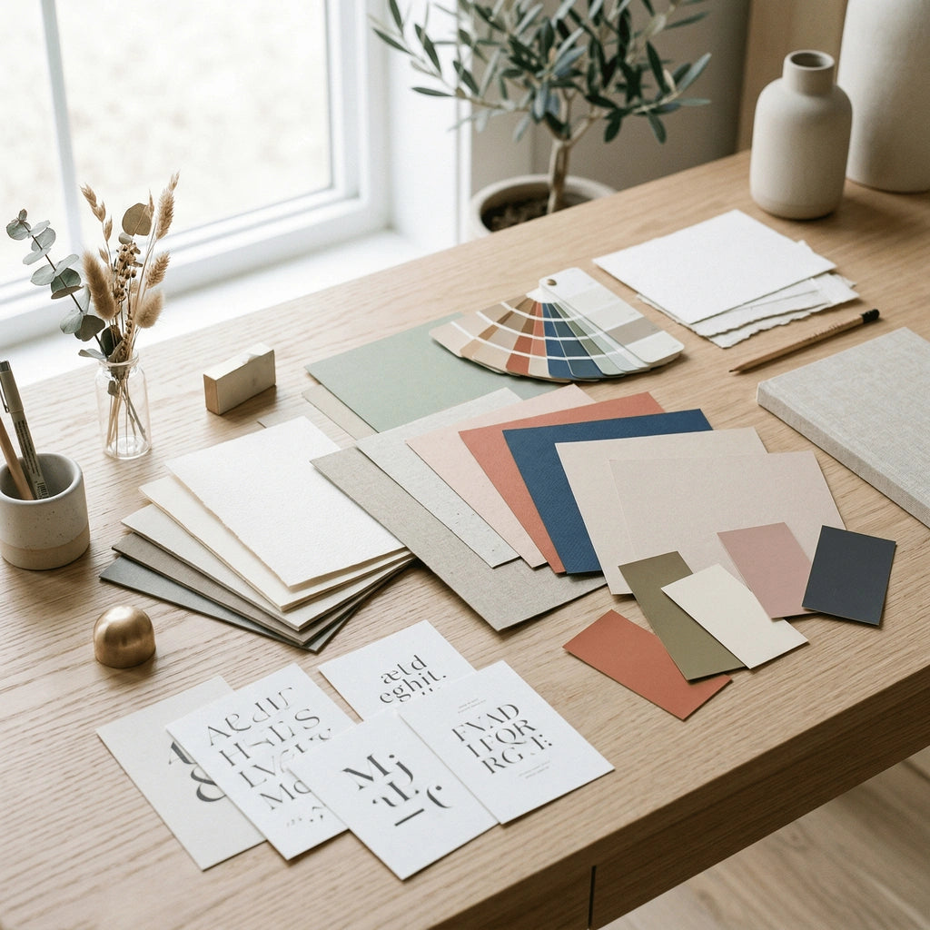 Minimalistische compositie met papierstalen, kleurstalen en typografische elementen, symbool voor design en trends in wenskaarten.