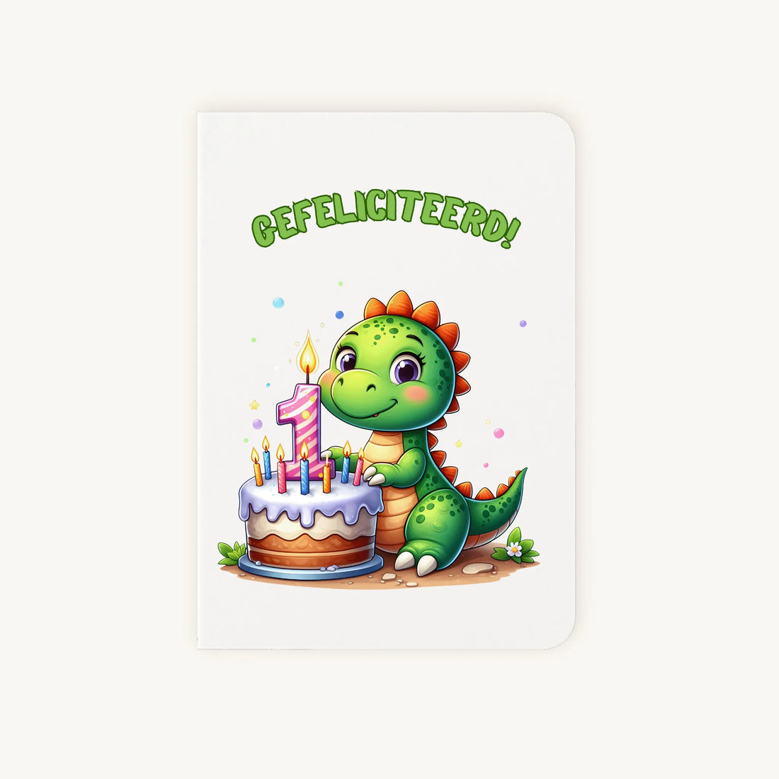 kleurrijke dino-verjaardagskaart met afgeronde hoeken gefeliciteerd 1 jaar
