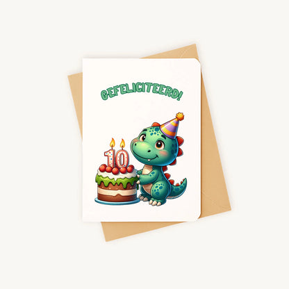 kleurrijke dino-verjaardagskaart met afgeronde hoeken gefeliciteerd 10 jaar