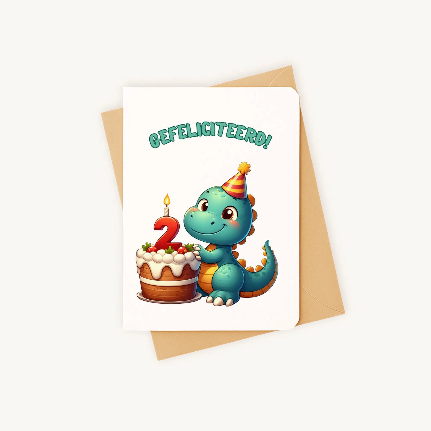 kleurrijke dino-verjaardagskaart met afgeronde hoeken gefeliciteerd 2 jaar