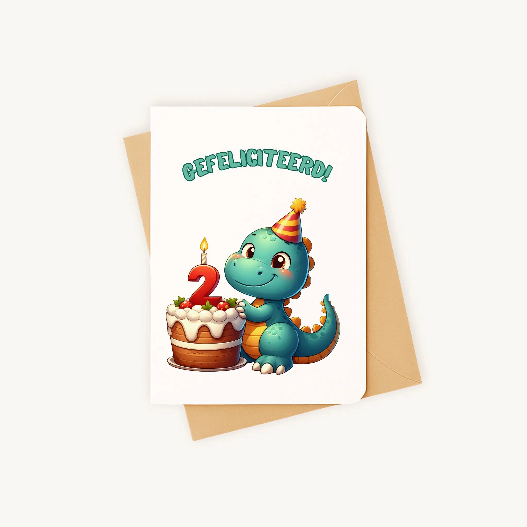 kleurrijke dino-verjaardagskaart met afgeronde hoeken gefeliciteerd 2 jaar
