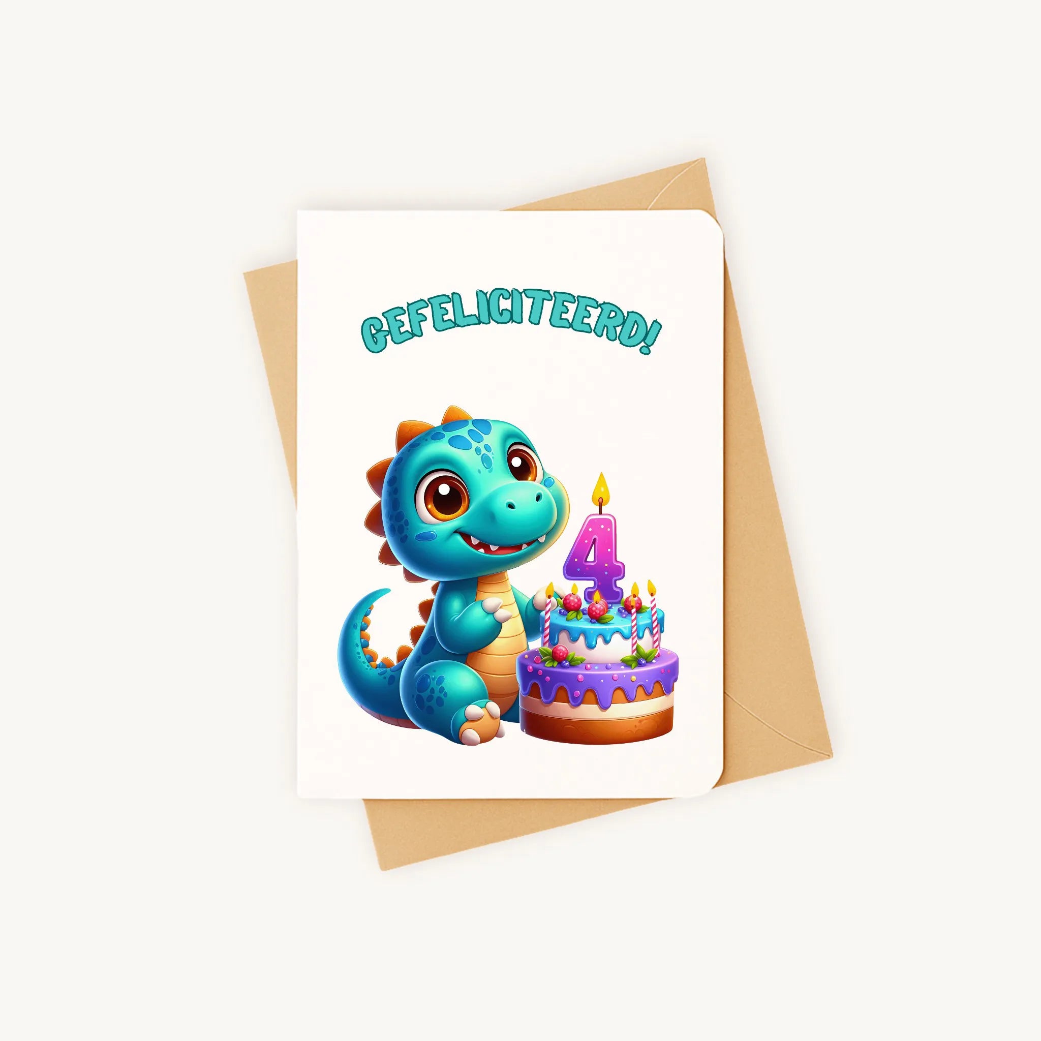 kleurrijke dino-verjaardagskaart met afgeronde hoeken gefeliciteerd 4 jaar