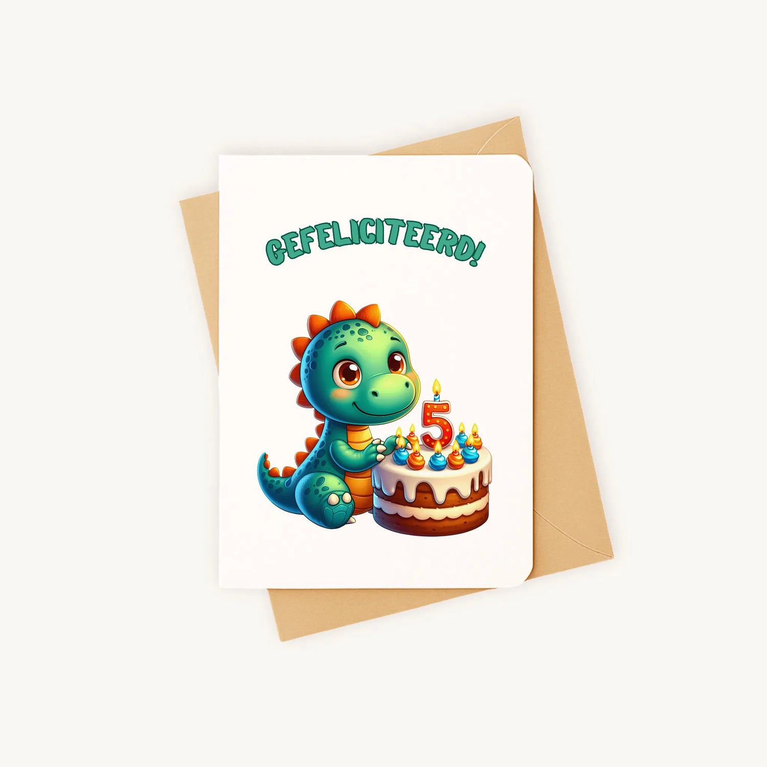 kleurrijke dino-verjaardagskaart met afgeronde hoeken gefeliciteerd 5 jaar