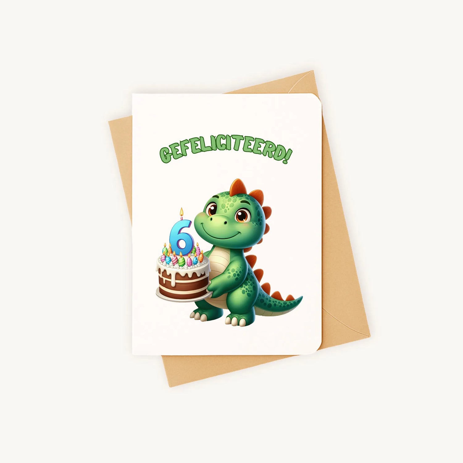 kleurrijke dino-verjaardagskaart met afgeronde hoeken gefeliciteerd 6 jaar