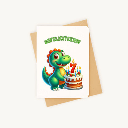 kleurrijke dino-verjaardagskaart met afgeronde hoeken gefeliciteerd 7 jaar