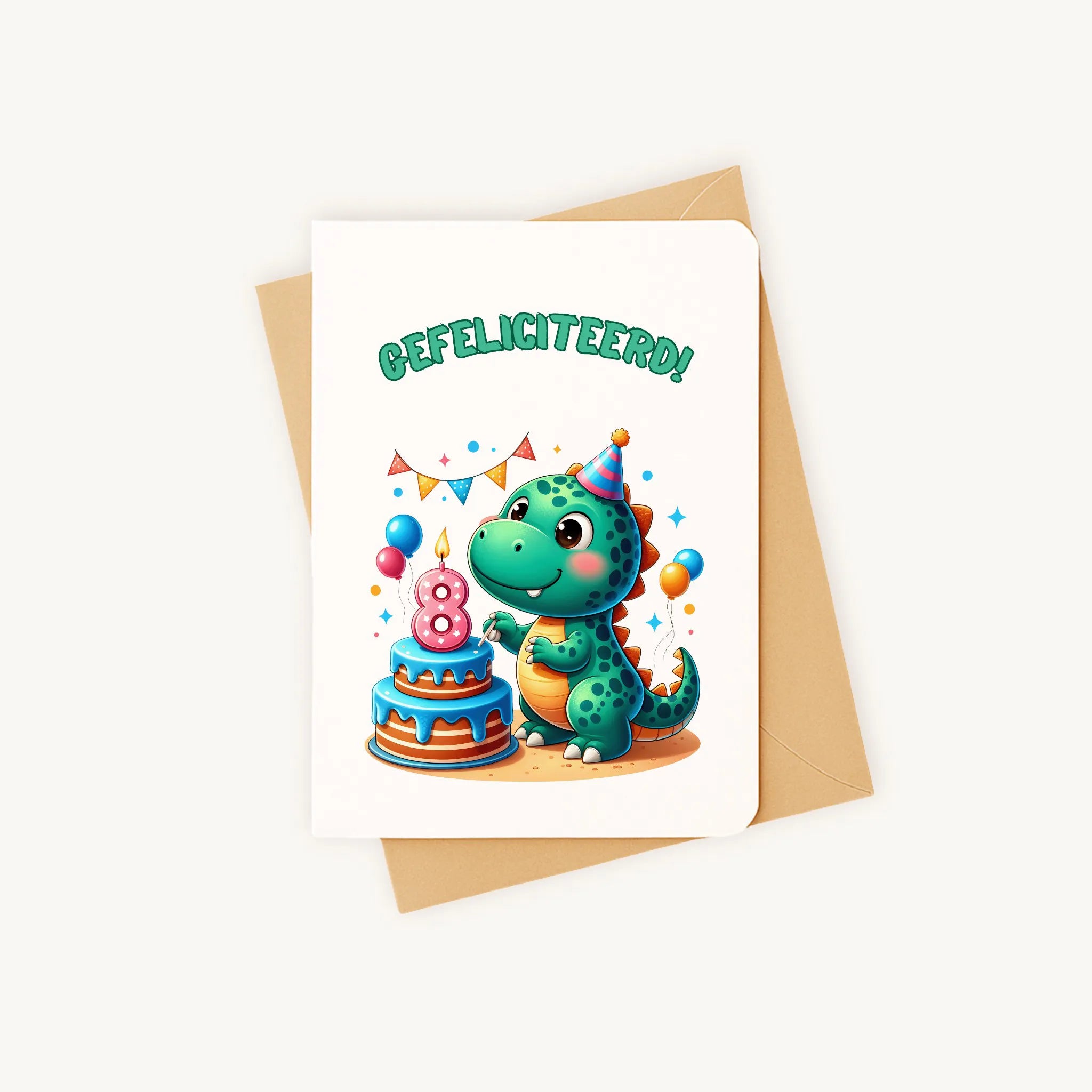 kleurrijke dino-verjaardagskaart met afgeronde hoeken gefeliciteerd 8 jaar