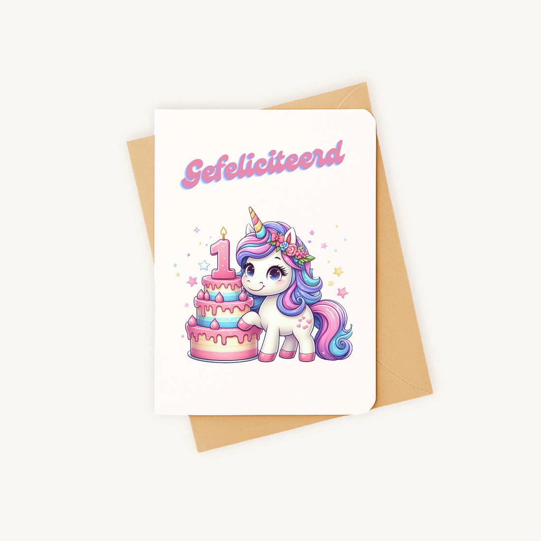 kleurrijke eenhoorn-verjaardagskaart met afgeronde hoeken inclusief kraft envelop gefeliciteerd 1 jaar