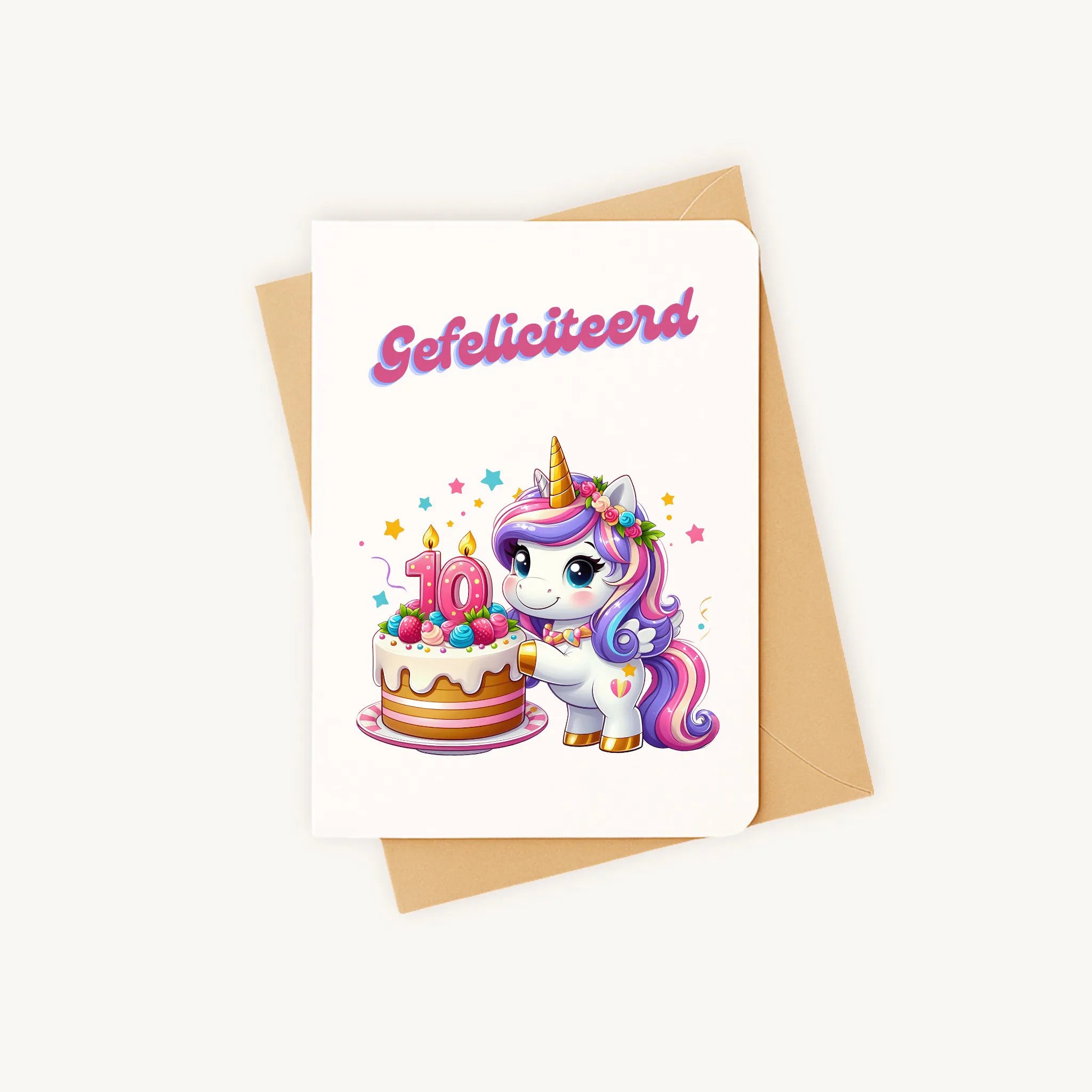kleurrijke eenhoorn-verjaardagskaart met afgeronde hoeken inclusief kraft envelop gefeliciteerd 10 jaar